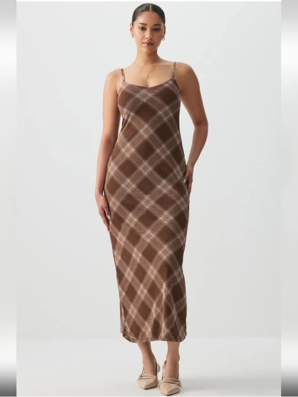 Brown Plaid Slip Midi Dress